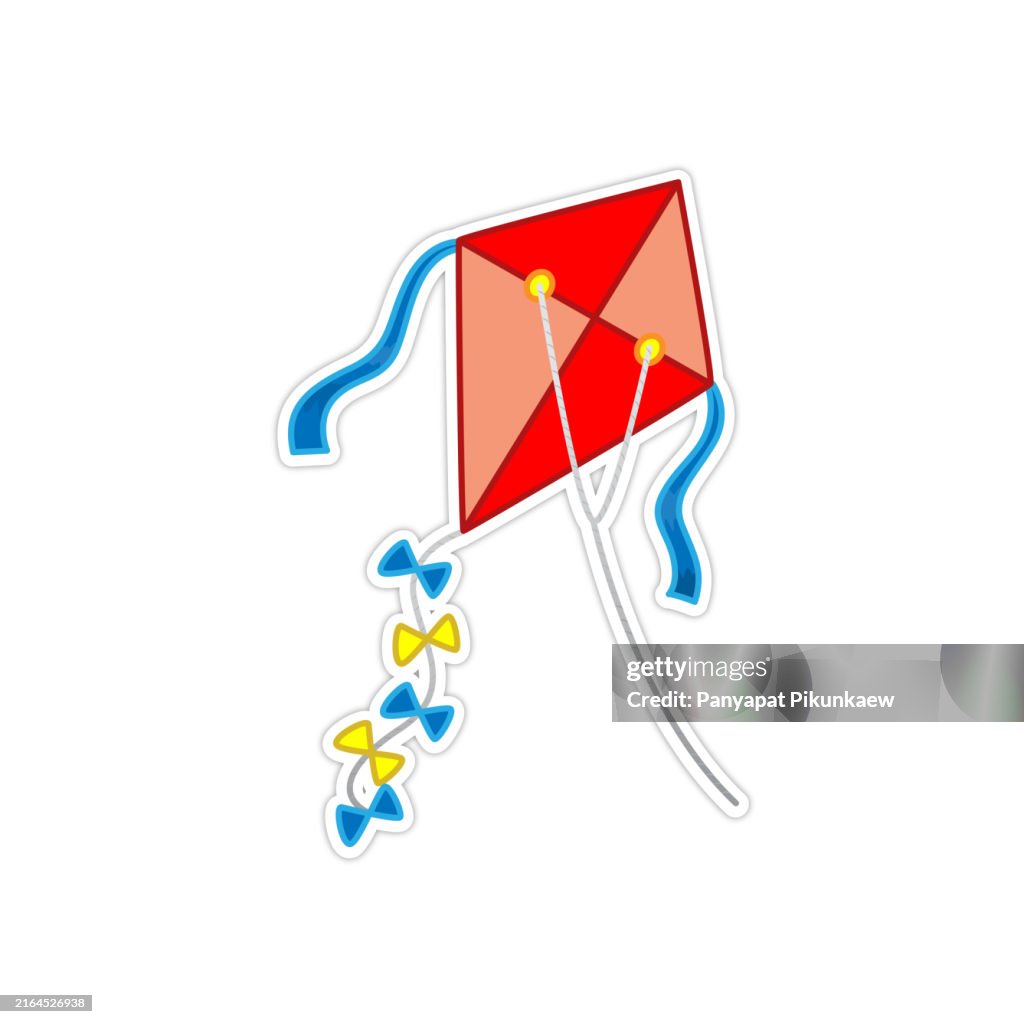Vector illustration of Red kite flying gracefully in the sky on a string with a blue tail and yellow bows.