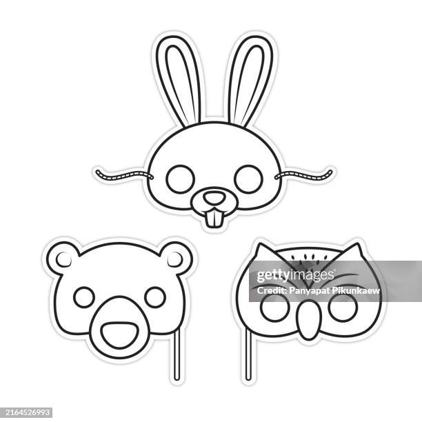 vector illustration of three cute animal masks on sticks including a rabbit, bear and owl, great for a party or dress up black and white drawing for children to learn to color according to the picture. - colouring book stock illustrations