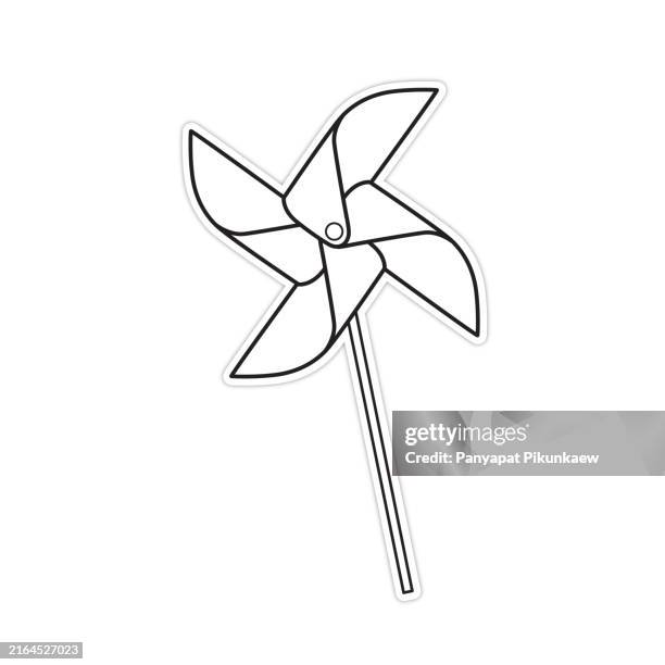 vektorillustration von eine bunte papierwindmühle, die sich im wind dreht und erinnerungen an kindheit und unbeschwerte tage zurückbringt schwarz-weiß-zeichnung für kinder, um zu lernen, nach dem bild zu malen. - windrad stock-grafiken, -clipart, -cartoons und -symbole