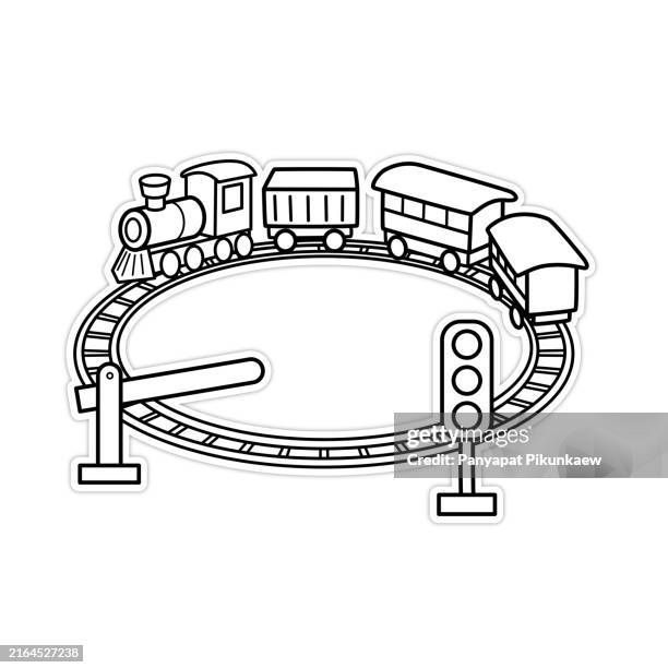 vector illustration of a colorful toy train riding on a circular railroad track with a crossing gate and a traffic light black and white drawing for children to learn to color according to the picture. - cartoon toy train stock illustrations
