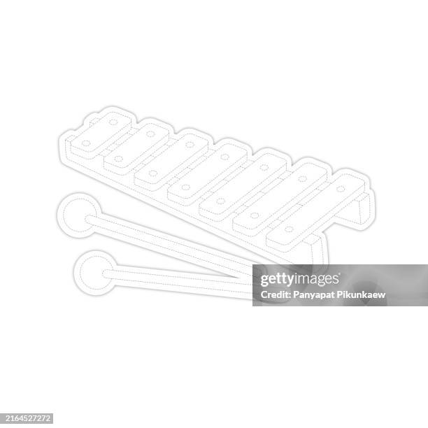 vector illustration of a colorful, eight-note xylophone is lying on a white background with its two mallets dot to dot line drawing for children to learn to draw lines along the dotted lines. - playing xylophone stock illustrations
