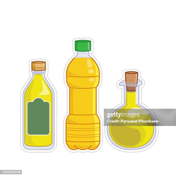 ilustraciones, imágenes clip art, dibujos animados e iconos de stock de vector illustration of three bottles containing cooking oil with different shapes and caps, isolated on white background - aceite