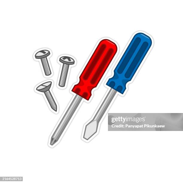 ilustraciones, imágenes clip art, dibujos animados e iconos de stock de ilustración vectorial de ilustración de dibujos animados de destornilladores rojos y azules que yacen cerca de tornillos sobre un fondo blanco. - destornillador