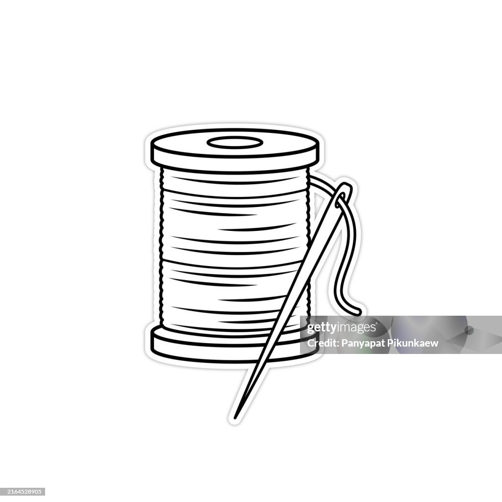 Vector illustration of A cartoon sticker illustration featuring a wooden spool of red sewing thread with a needle stuck through it