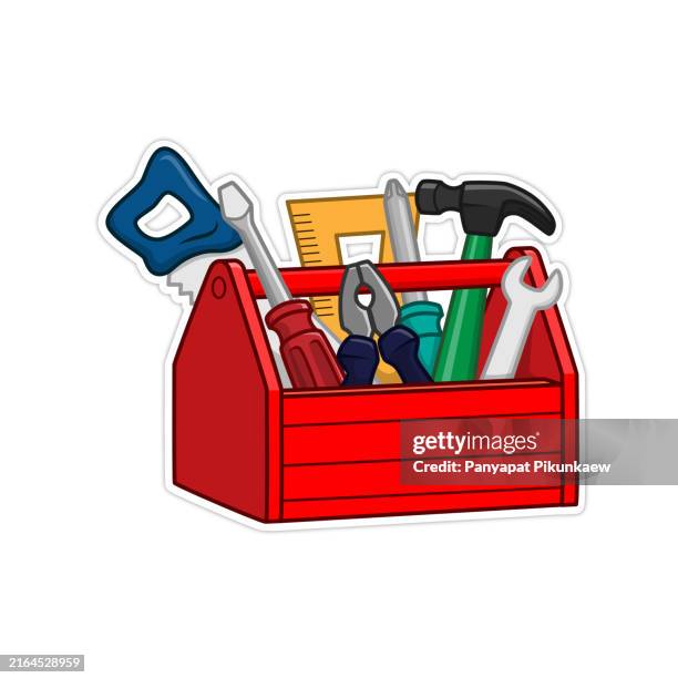stockillustraties, clipart, cartoons en iconen met vector illustration of a classic red toolbox overflowing with hand tools for construction and repair work. - gereedschap