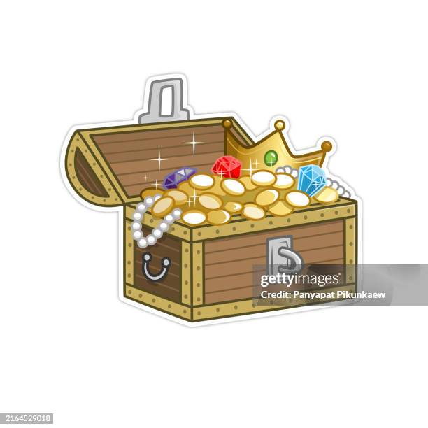 illustrations, cliparts, dessins animés et icônes de illustration vectorielle de coffre au trésor en bois ouvert débordant de pièces d’or, de pierres précieuses, de perles et d’une couronne, isolé sur blanc - malle-au-trésor