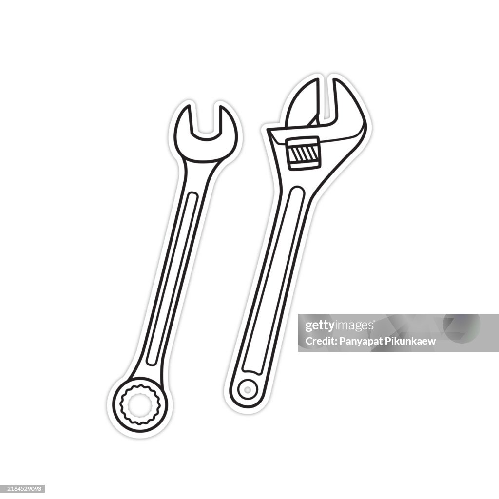 Vektorillustration von Ein Schraubenschlüssel und ein verstellbarer Schraubenschlüssel im Liegen, was auf Heimwerken, Heimwerkerprojekte und Handwerksberufe hindeutet