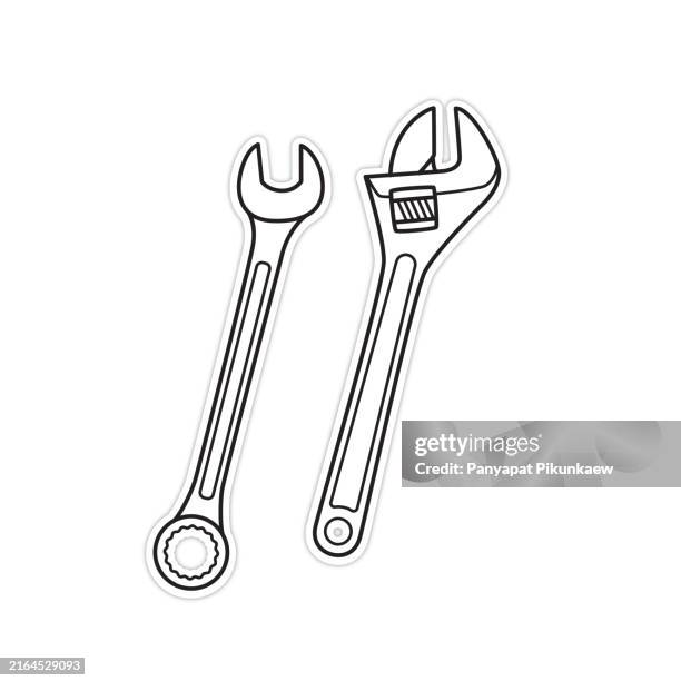 vector illustration of a wrench and an adjustable wrench lying down, suggesting home improvement, diy projects, and skilled trades - adjustable wrench stock illustrations