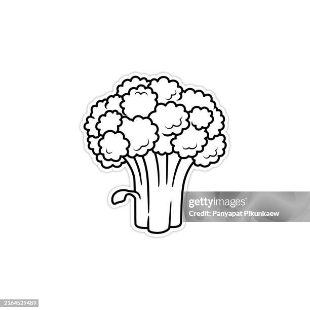 vector illustration of cartoon broccoli sticker with white border, representing healthy eating black and white drawing for children to learn to color according to the picture. - broccoli stock illustrations