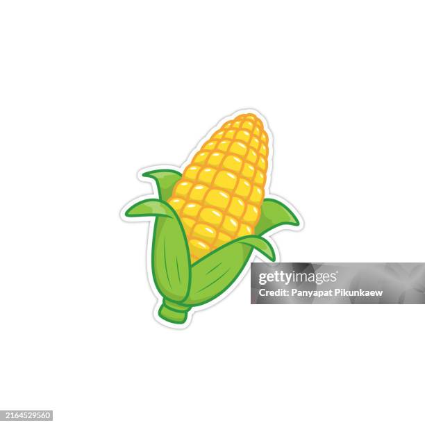 illustrazioni stock, clip art, cartoni animati e icone di tendenza di illustrazione vettoriale dell'illustrazione del fumetto della pannocchia di mais gialla con foglie verdi - pannocchia