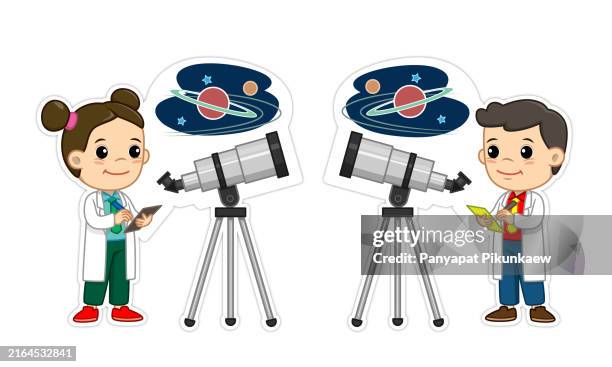 vector illustration of kids learning astronomy observing space with telescope. - kid scientist stock illustrations