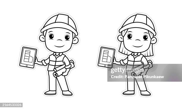 vektorillustration von zwei jungen architekten, die ein digitales tablet und eine blaupause halten, lächelnd - ausmalen stock-grafiken, -clipart, -cartoons und -symbole