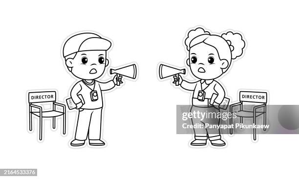 vector illustration of two angry directors shouting instructions through megaphones during filming - video crew stock illustrations