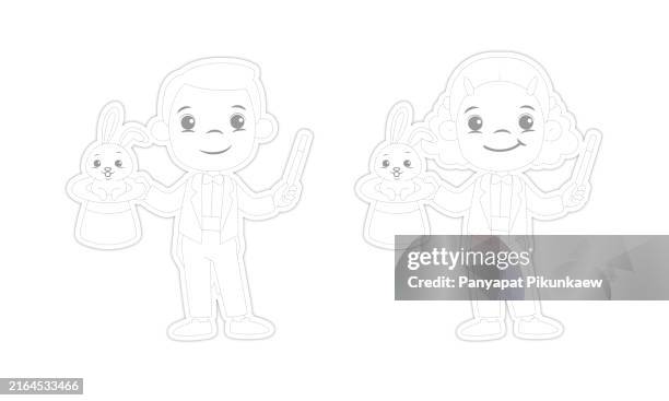 vector illustration of little magicians showing rabbits appearing from hats - magic rabbit hat stock illustrations