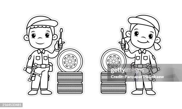 ilustraciones, imágenes clip art, dibujos animados e iconos de stock de ilustración vectorial de dos mecánicos sonrientes sosteniendo herramientas y posando con neumáticos - colorear