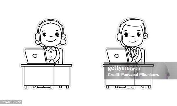 vektorillustration von geschäftsleuten, die an einem laptop am bürotisch arbeiten, das headset trägt und anrufe entgegennimmt - ausmalen stock-grafiken, -clipart, -cartoons und -symbole