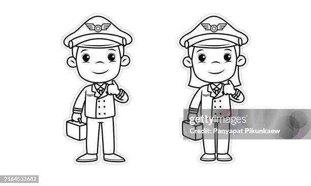vector illustration of male and female pilots holding briefcases and showing thumbs up sign - worksheet stock illustrations