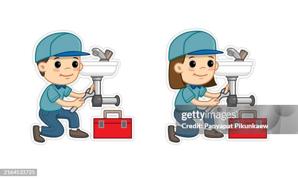 vector illustration of plumbers repairing sink pipes with adjustable wrench - plumber tools background stock illustrations