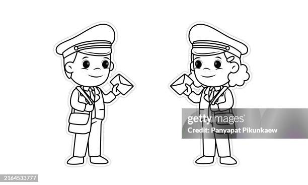 vektorillustration von zwei glücklichen postboten, die post in uniform ausliefern und umschläge halten - ausmalen stock-grafiken, -clipart, -cartoons und -symbole