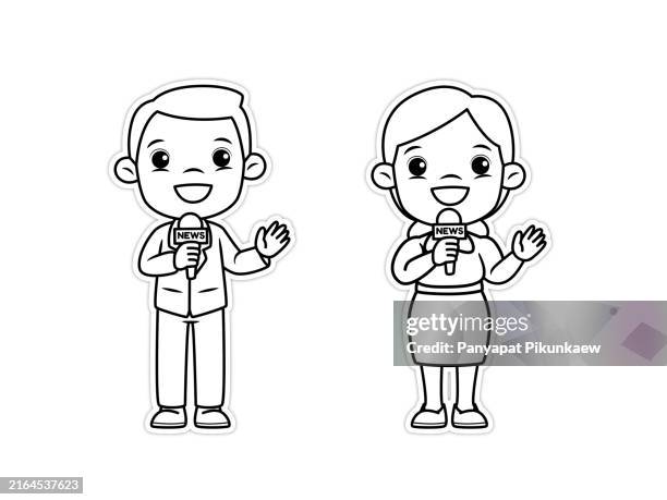 vektorillustration von reportern mit mikrofonen, die über die nachrichten berichten. - ausmalen stock-grafiken, -clipart, -cartoons und -symbole