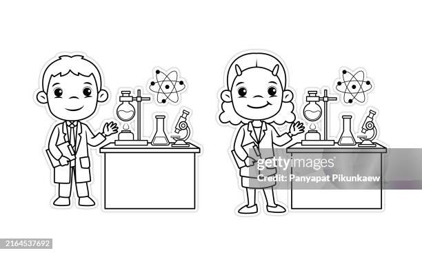 ilustraciones, imágenes clip art, dibujos animados e iconos de stock de ilustración vectorial de niños haciendo experimentos científicos en el laboratorio - libro para colorear