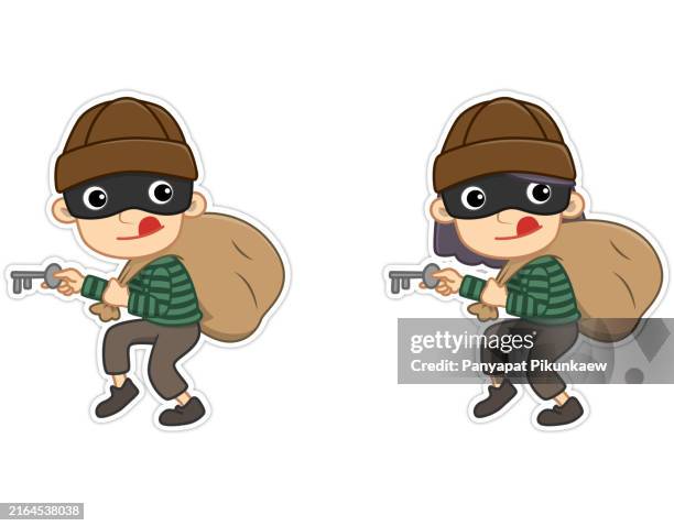 vector illustration of cartoon thief running away holding a key - bandit stock illustrations