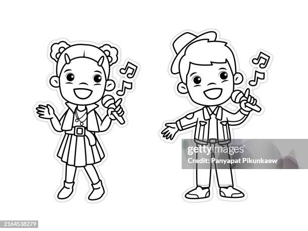 vektorillustration von kindern, die mit mikrofon singen, glückliche cartoon-kinder, die musikshow aufführen - ausmalen stock-grafiken, -clipart, -cartoons und -symbole