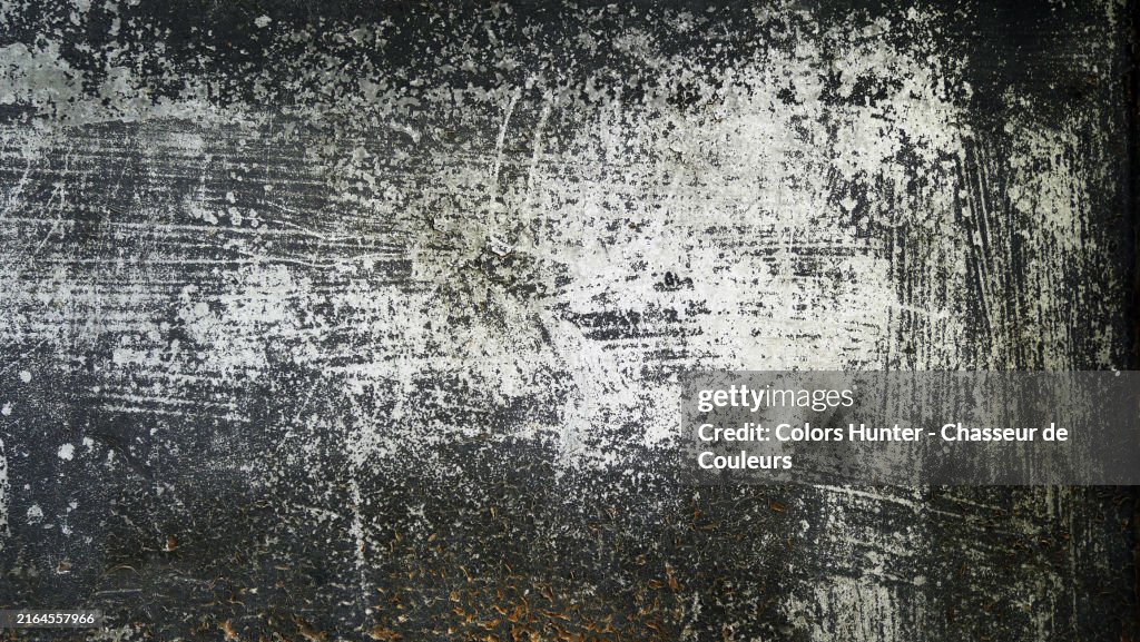 Layers of white and black paint, scratched and patinated, on a metal plate in Paris, France. Rough texture. Sunlight. Natural colors.