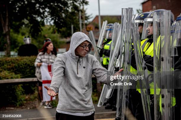 Far-right activists hold an 'Enough is Enough' protest on August 02, 2024 in Sunderland, England. After the murders of three girls in Southport...