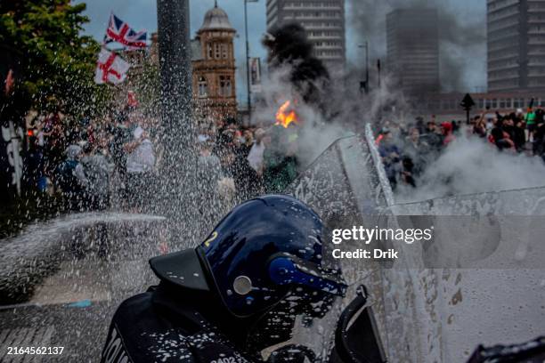 Far-right activists hold an 'Enough is Enough' protest on August 02, 2024 in Sunderland, England. After the murders of three girls in Southport...