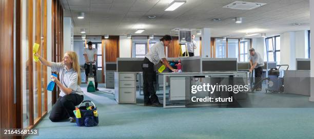 happy commercial cleaning team - carpet cleaner machine stock pictures, royalty-free photos & images