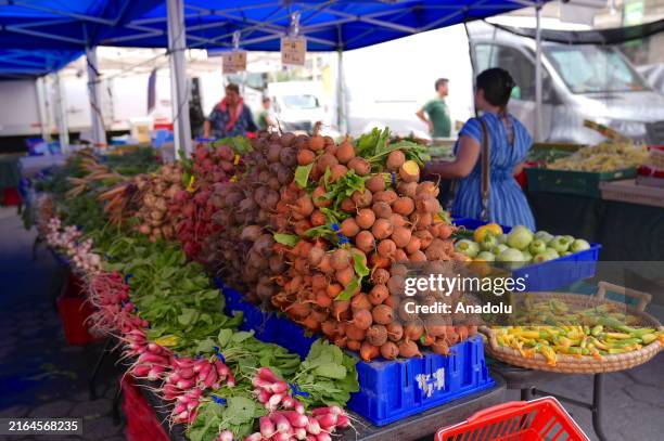 View of the products sold at greenmarket in Union Square, which has been open 4 days a week since 1976 and offers a wide range of products including...
