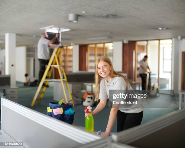 happy commercial cleaning team - carpet cleaner machine stock pictures, royalty-free photos & images