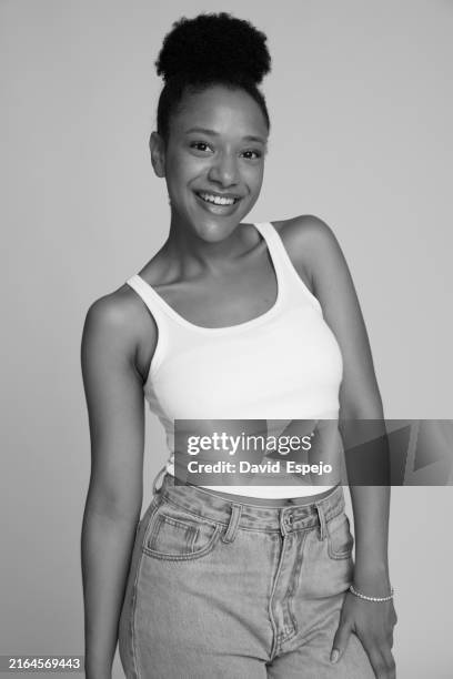 young black actress smiling and posing in black and white - casting actor stock pictures, royalty-free photos & images