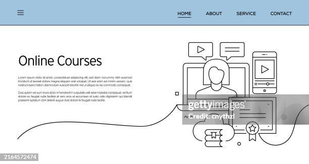 vector set of illustration online courses concept. line art style background design for web page, banner, poster, print etc. vector illustration. - online learning technology stock illustrations