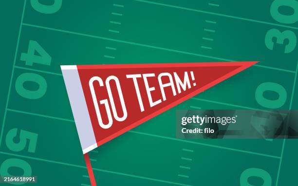 ilustraciones, imágenes clip art, dibujos animados e iconos de stock de go team pennant flag cheering football field background - fútbol americano