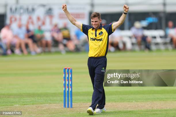 Andy Gorvin of Glamorgan celebrates claiming the wicket of Liam Patterson-White of Nottinghamshire during the Metro Bank One Day Cup match between...