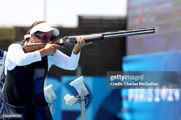 Adriana Ruano Oliva of Team Guatemala competes in the Shooting Trap Women's Final on day five of the Olympic Games Paris 2024 at Chateauroux Shooting...