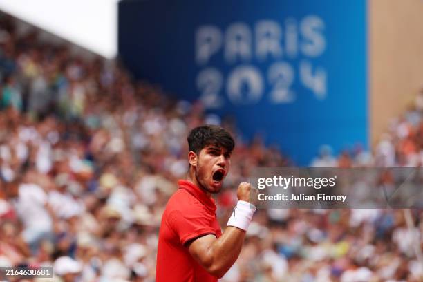 Carlos Alcaraz of Team Spain celebrates against Roman Safiullin of Team Individual Neutral Athletes during the Men's Singles Third Round match on day...