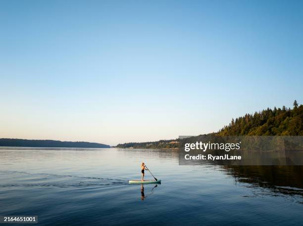 summer morning paddleboard ride in the pacific northwest - paddleboard stock pictures, royalty-free photos & images