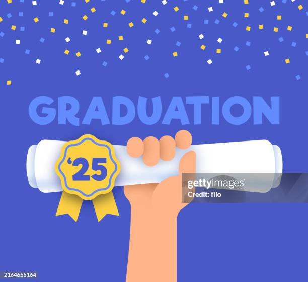 graduation 2025 celebration diploma raised hand - congratulations blue background stock illustrations
