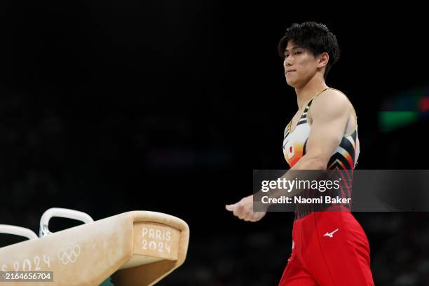Daiki Hashimoto of Team Japan reacts after falling on the pommel horse during the Artistic Gymnastics Men's All-Around Final on day five of the...