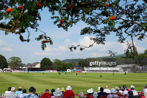 General view of the action during the Metro Bank One Day Cup match between Glamorgan and Nottinghamshire at Neath Cricket Club on July 31, 2024 in...
