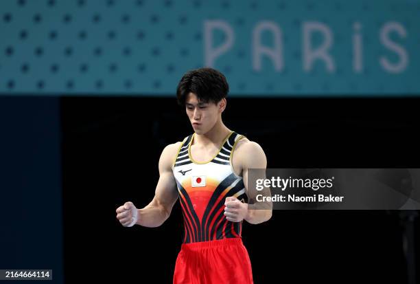 Daiki Hashimoto of Team Japan celebrates after his routine on the vault during the Artistic Gymnastics Men's All-Around Final on day five of the...
