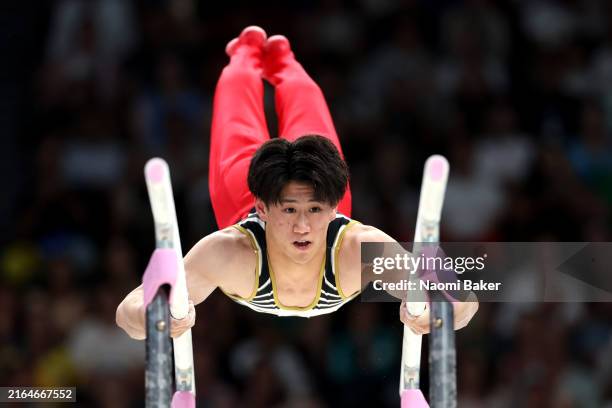Daiki Hashimoto of Team Japan competes on the parallel bars during the Artistic Gymnastics Men's All-Around Final on day five of the Olympic Games...