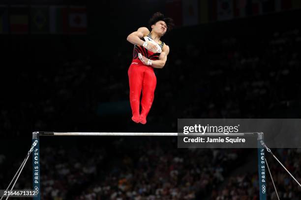 Shinnosuke Oka of Team Japan competes on the high bar during the Artistic Gymnastics Men's All-Around Final on day five of the Olympic Games Paris...