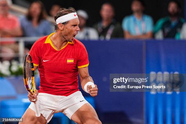 Rafael Nadal of Team Spain celebrates during his match with teammate Carlos Alcaraz against Austin Krajicek and Rajeev Ram of Team United States...