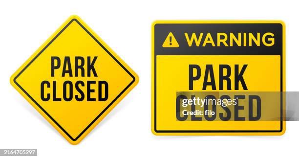 park closed yellow warning signs - disease vector stock illustrations