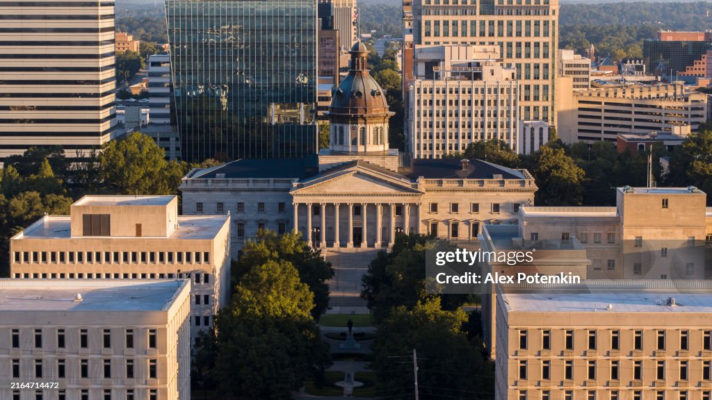 State Capitol facade on Mains Street – the center of Downtown Columbia in South Carolina at dawn. Aerial view