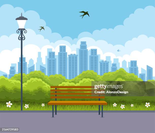 bildbanksillustrationer, clip art samt tecknat material och ikoner med a summer city park featuring green trees, a bench, a walkway, and lanterns. - storstad